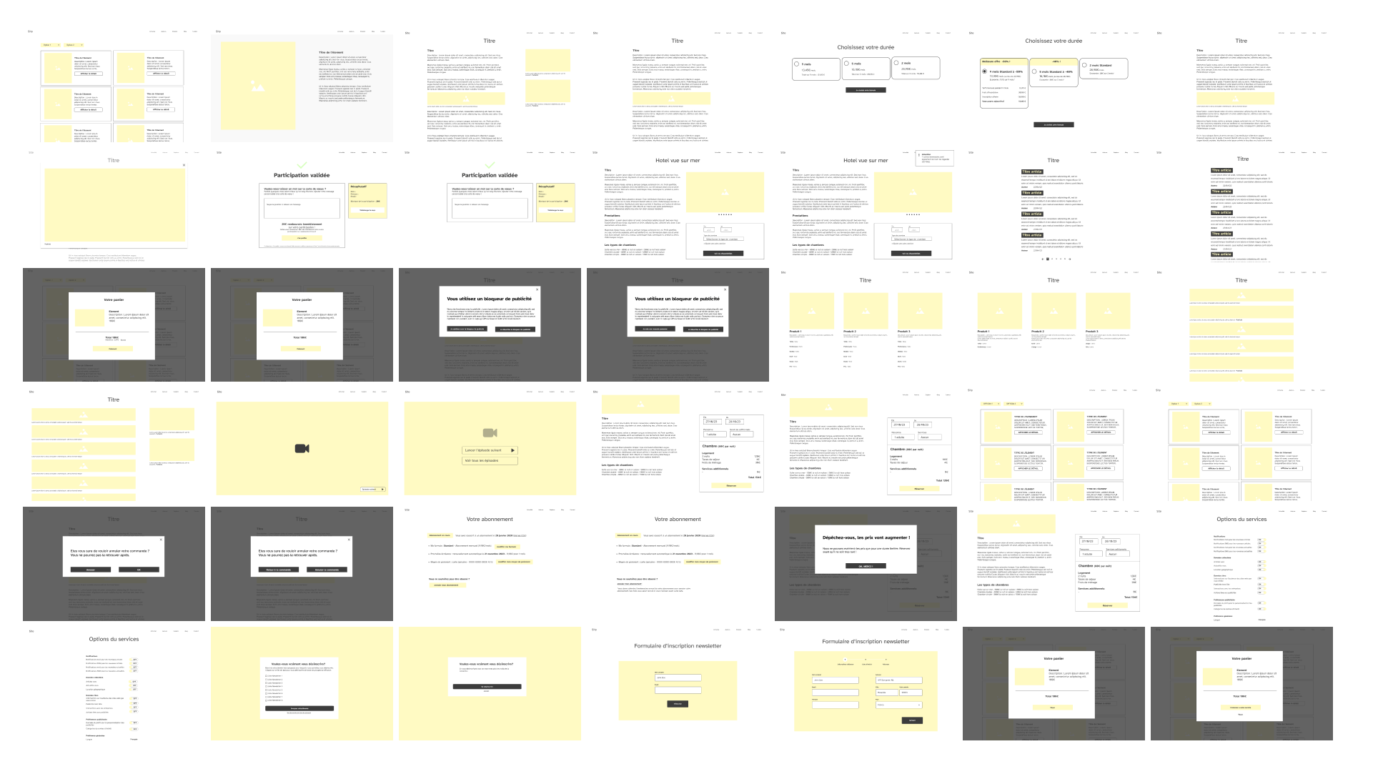 Visuel de tous les wireframes utilisés lors de l'atelier