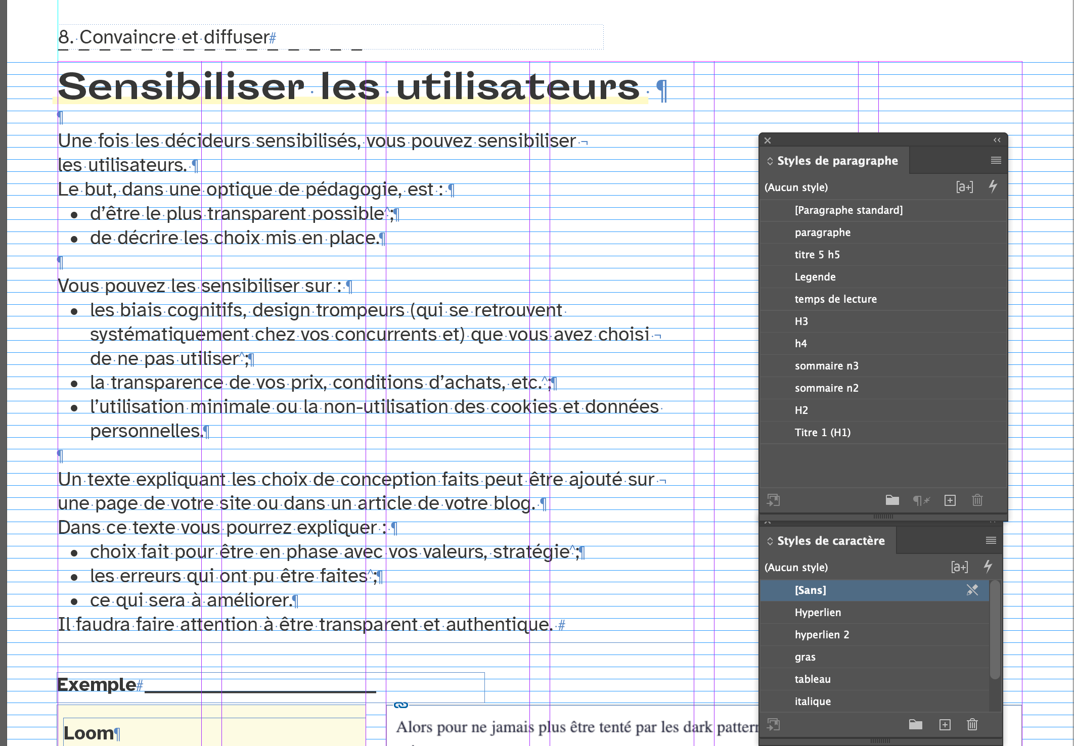 Vue du guide sur Indesign avec les styles de caractères et paragraphes ouverts