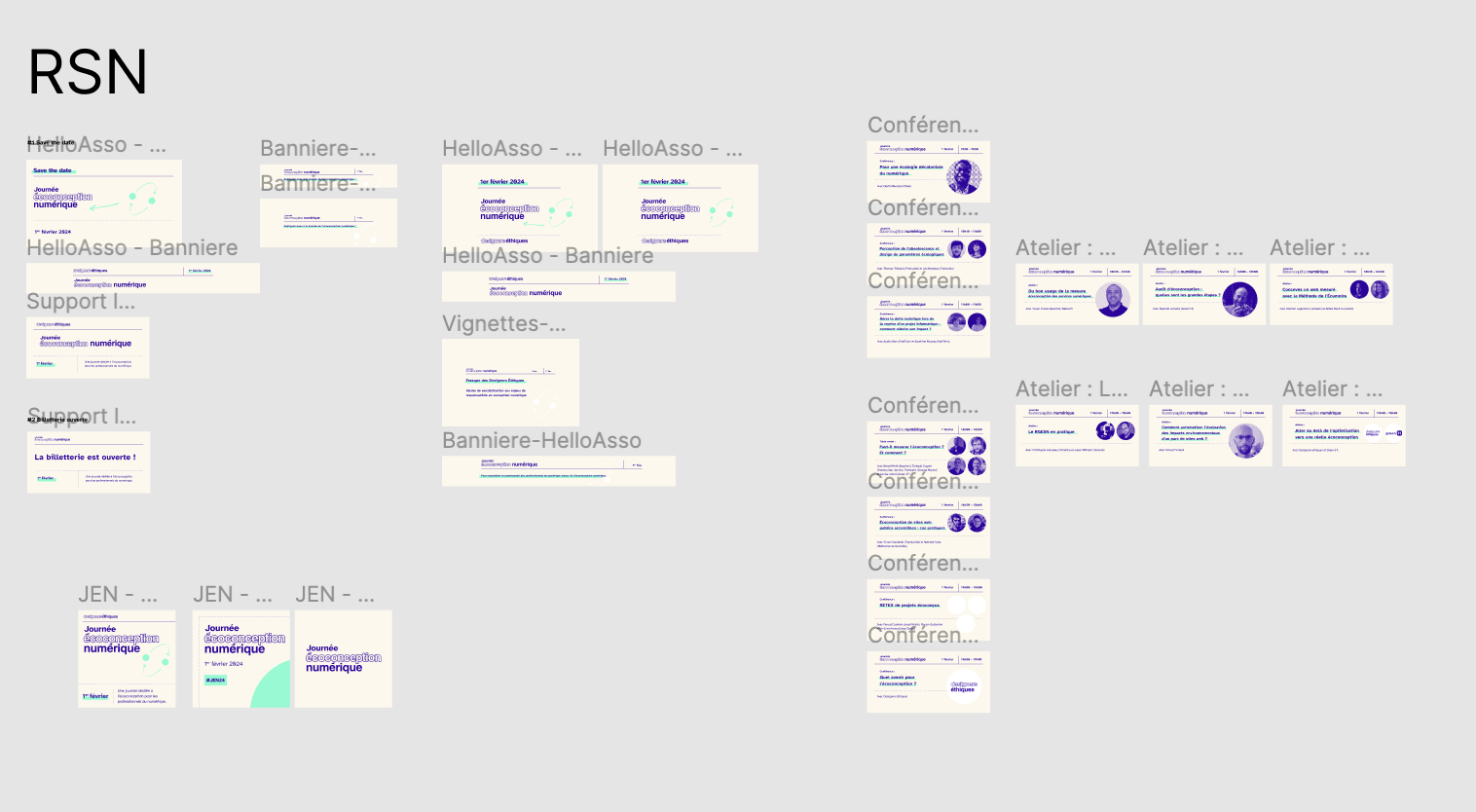 Vues des éléments graphiques : supports hello asso, bannières, réseaux sociaux.