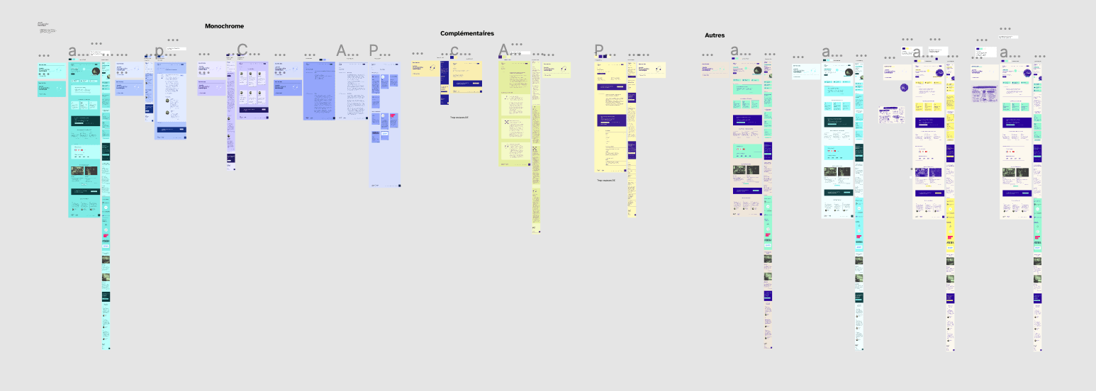 Vue des différentes propositions sur Figma. Propositions avec des nuances de bleu, complémentaire, jaune pale, bleu et autres propositions