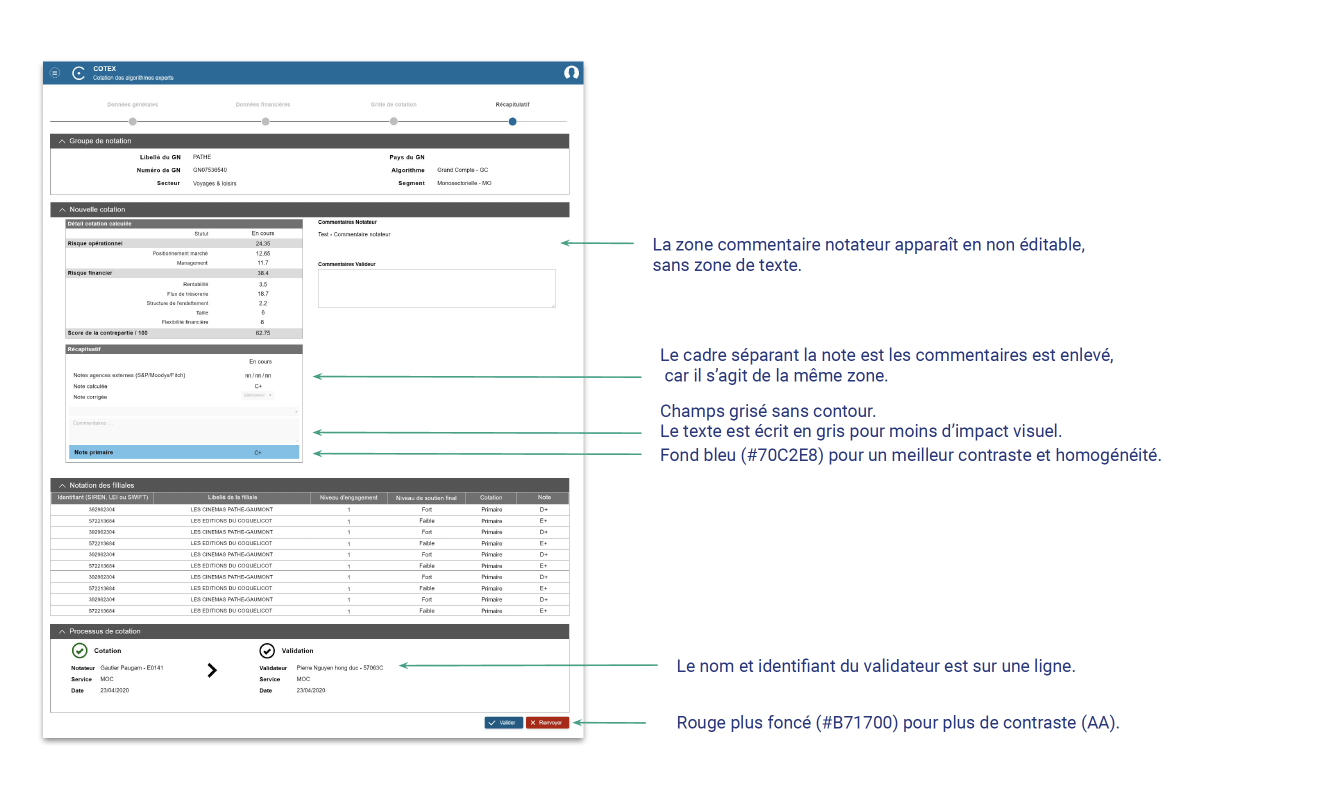 Visuel d'une proposition avec le détail des modifications : couleurs, zones plus ou moins mises en avant, etc. 